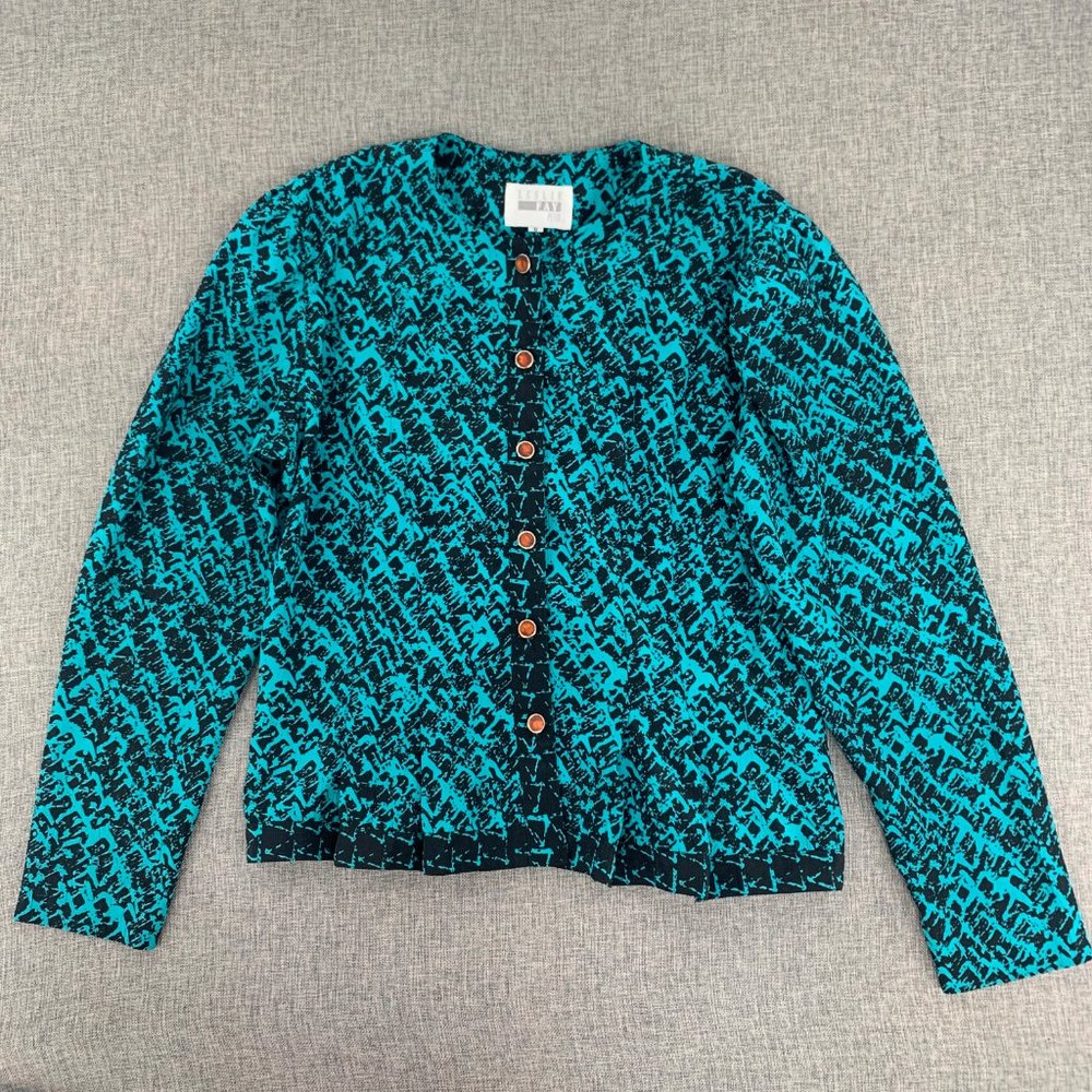 Vintage Leslie Fay Button Jacket Lightweight Petite 8 Teal & Black